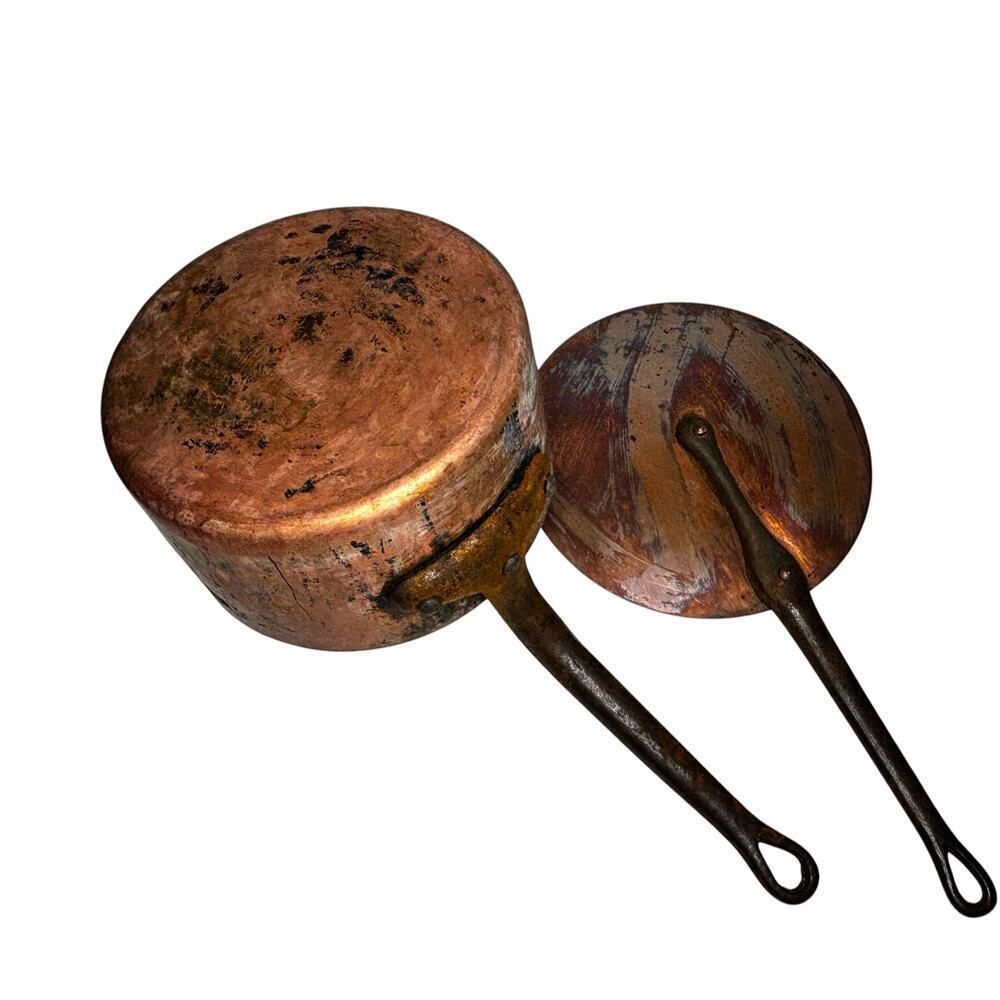 E Dehillerin Paris 9" Copper Saucepan Tin Interior Cast Iron Handle with Lid